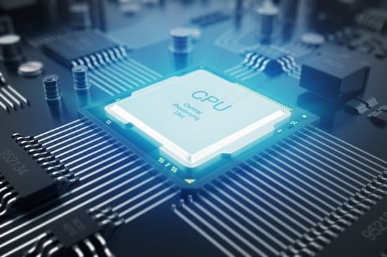un chip iluminado con led y las siglas CPU