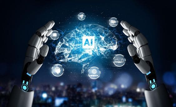 manos de robot sujetando un cerebro informático con las siglas AI